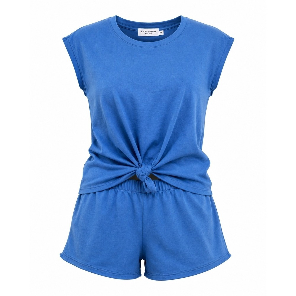 Dressin 2 Piece Shorts Set Womens Large Blue Muscle Tee Loungewear